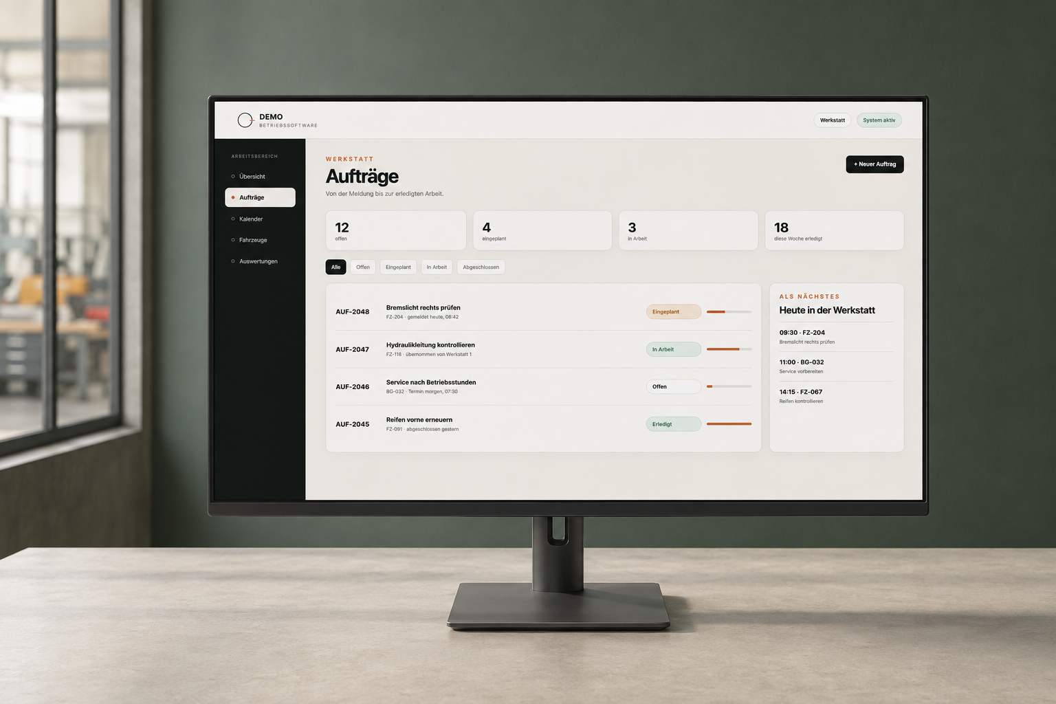 Generiertes Monitor-Mockup mit der beispielhaften Werkstattsoftware